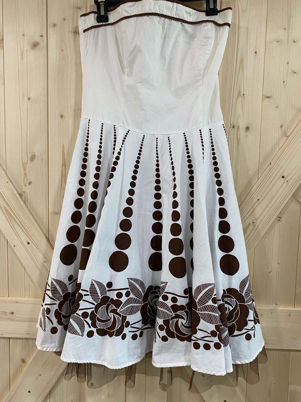 Ruby Rox Brown and White Floral Polka Dot Strapless Midi Dress with Tulle Hem si